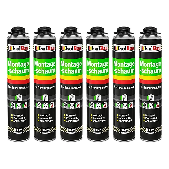 IsolBau Bauschaum 6 x Montageschaum 750 ml - 750 ml - Sechs schwarze IsolBau Montageschaumdosen mit grünen, gelben, roten Streifen, beschriftet 'Montageschaum' für Schaumpistolen, für Montage, Isolierung, Abdichtung.
