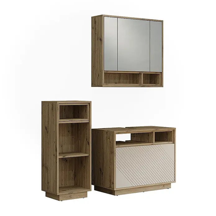 Vicco Badmöbel-Set - Cashmere, Matt - Dreiteiliges Badmöbelset in Holzoptik: Spiegelschrank mit Ablagen, hoher Schrank und Waschtischunterschrank mit strukturierter Tür.