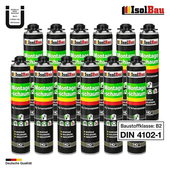 IsolBau Bauschaum 12 x Montageschaum 750 ml - 750 ml - 12 IsolBau Montageschaumdosen, schwarz-grün, für Schaumpistolen, Baustoffklasse B2.