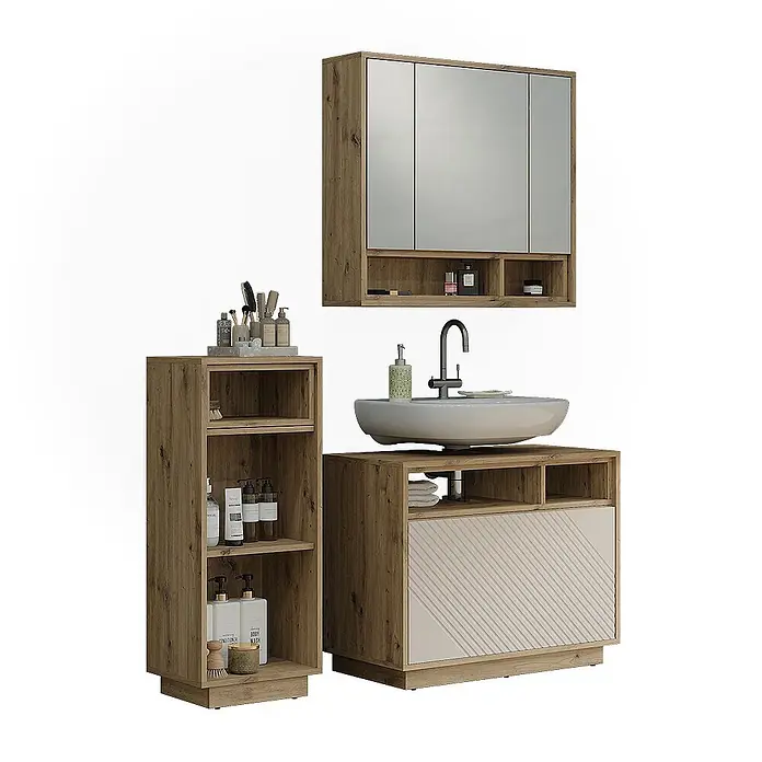 Vicco Badmöbel-Set - Cashmere, Matt - Badmöbelset aus Holz: Waschtischunterschrank mit Becken, hohes Regal und Spiegelschrank. Beigefarbener Streifenakzent am Waschtisch.