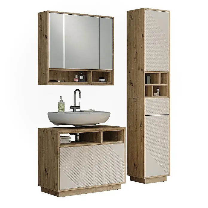 Vicco Badmöbel-Set - Cashmere, Matt - Badezimmerset aus Holzmaserung und hellbeigen Schränken mit Spiegel, Waschbecken und Hochschrank.