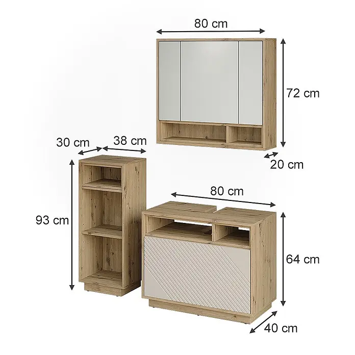 Vicco Badmöbel-Set - Cashmere, Matt - Modernes modulares Möbelset aus hellem Holzdekor mit beigen Paneelen, bestehend aus Wandschrank, Regal und Unterschrank zur Aufbewahrung.