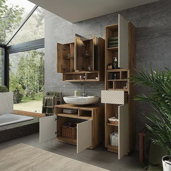 Vicco Badmöbel-Set - Cashmere, Matt - Moderne Badezimmermöbel aus Holz mit weißem Waschbecken und gerippten weißen Fronten sowie verschiedenen Aufbewahrungsmöglichkeiten.