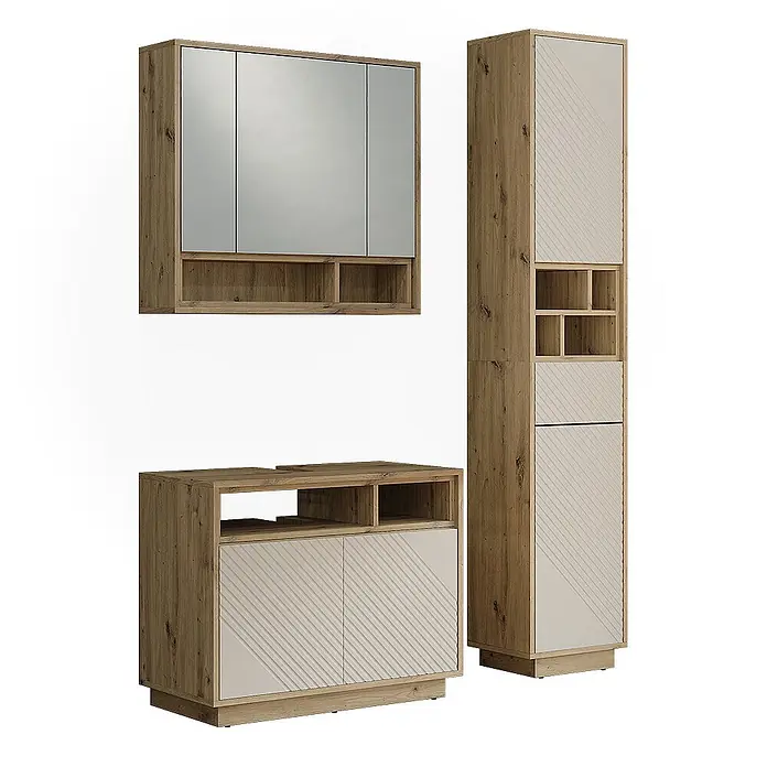 Vicco Badmöbel-Set - Cashmere, Matt - Badezimmermöbel-Set: helle Holzmaserung und beige Schränke mit gemusterten Türen, inklusive Spiegelschrank, Waschbeckenunterschrank und Hochschrank.