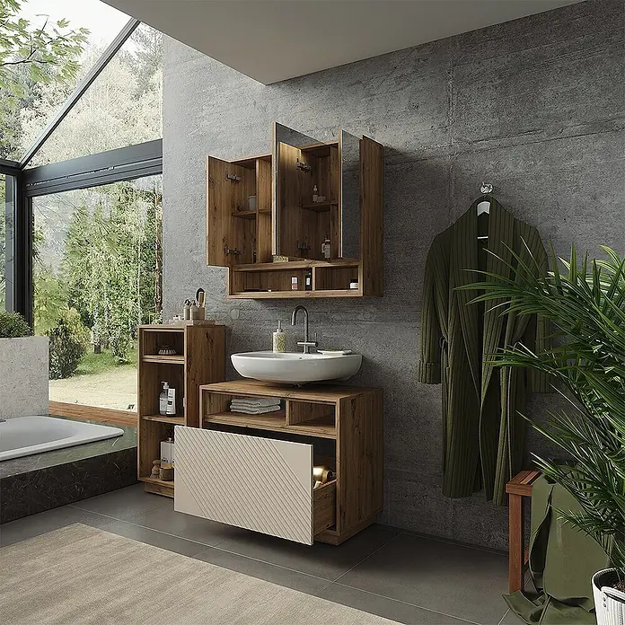 Vicco Badmöbel-Set - Cashmere, Matt - Moderne Badezimmermöbel aus hellem Holz: Waschtisch mit weißem Becken, Spiegelschrank und passenden Stauraumeinheiten.