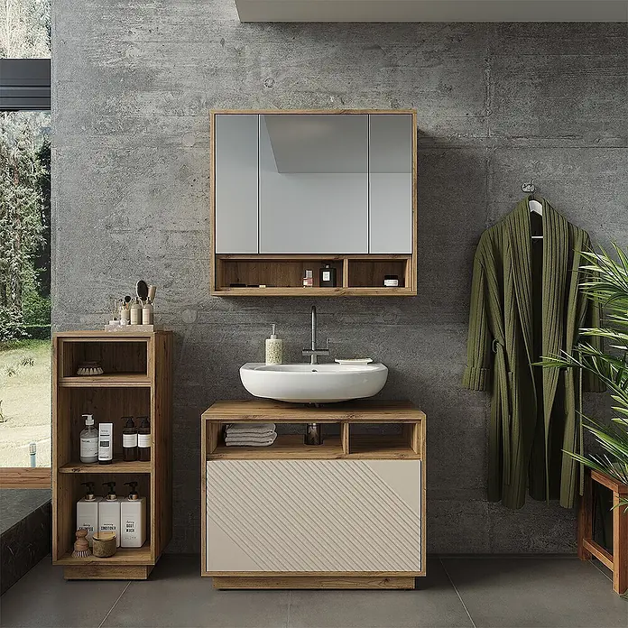 Vicco Badmöbel-Set - Cashmere, Matt - Badezimmermöbel-Set aus Holz mit Waschbecken, Spiegelschrank und Ablage, mit beigen Akzenten.
