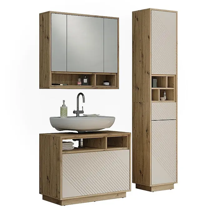 Vicco Badmöbel-Set - Cashmere, Matt - Modernes Badmöbel-Set: Holzoptik-Waschtisch mit Aufsatzwaschbecken, Spiegelschrank und Hochschrank mit beigen Paneelen.
