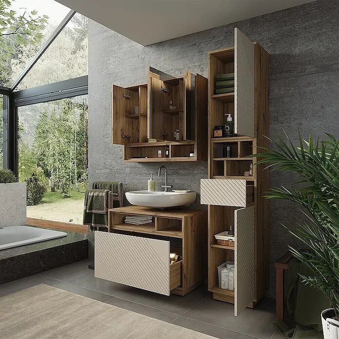 Vicco Badmöbel-Set - Cashmere, Matt - Modernes Badmöbelset aus Holz mit Waschbecken, offenen Regalen und hellbeigen, gemusterten Schubladen- und Schrankfronten, in einem hellen Badezimmer.