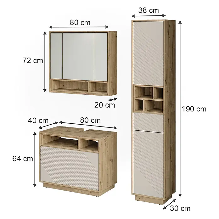 Vicco Badmöbel-Set - Cashmere, Matt - Badezimmermöbel-Set aus hellem Holz mit beigen strukturierten Fronten.