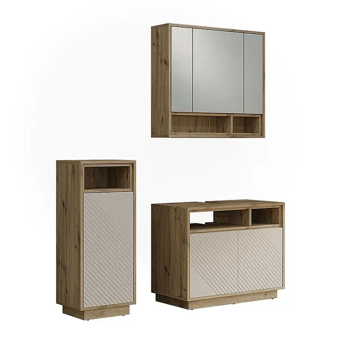 Vicco Badmöbel-Set - Cashmere - Badezimmermöbel-Set in heller Holzoptik mit beigen Fronten, bestehend aus Spiegelschrank, Hochschrank und Waschtischunterschrank.