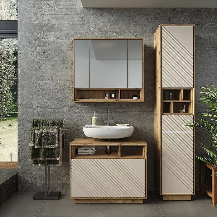 Vicco Badmöbel-Set - Cashmere, Matt - Modernes Badezimmermöbel-Set aus hellem Holz und beigefarbenen diagonal gestreiften Paneelen, inklusive Waschtisch, Spiegelschrank und Hochschrank.