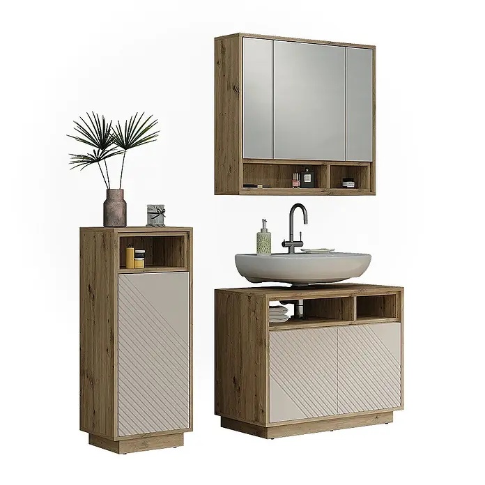 Vicco Badmöbel-Set - Cashmere - Badezimmermöbel-Set aus Holzoptik mit beigefarbenen Lamellenfronten: Wandspiegelschrank, Waschtisch mit Aufsatzbecken und hoher Schrank.