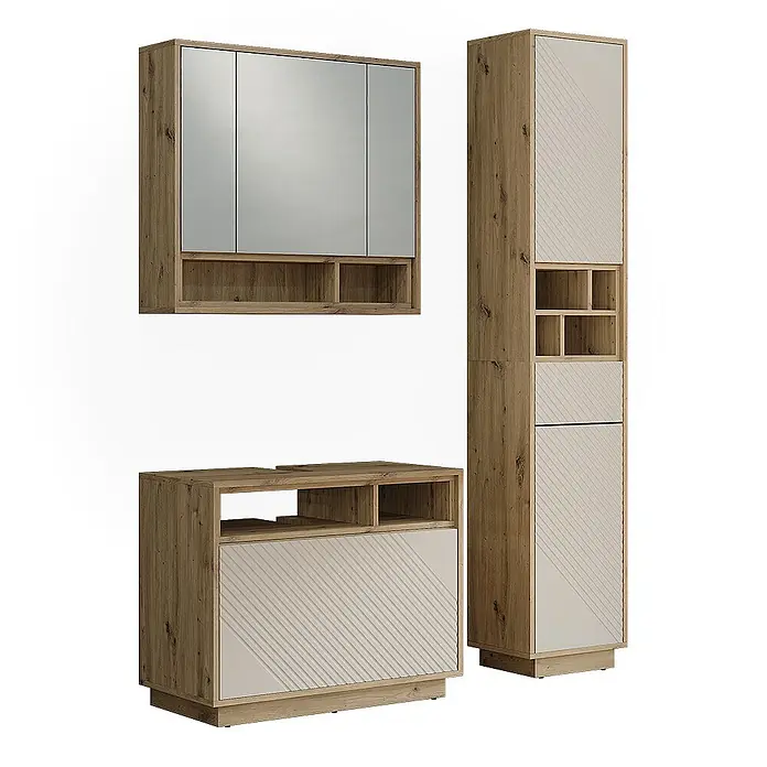 Vicco Badmöbel-Set - Cashmere, Matt - Modernes Badmöbel-Set in heller Holzoptik mit beigefarbenen, diagonal strukturierten Fronten: Spiegelschrank, Waschtischunterschrank, Hochschrank.