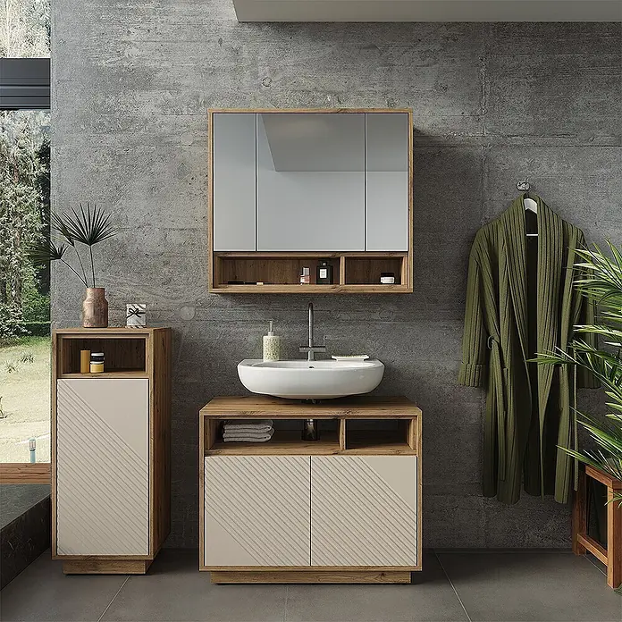Vicco Badmöbel-Set - Cashmere - Badezimmermöbel-Set aus Holz mit beigen Akzenten, bestehend aus Waschtischunterschrank, Hochschrank und Spiegelschrank.
