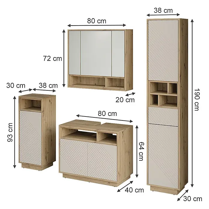 Vicco Badmöbel-Set - Cashmere, Matt - Modulares Möbelset aus hellem Holz und beigem Dekor, bestehend aus Wandschrank, Hochschrank, kleinem und niedrigem Schrank, mit Maßen.