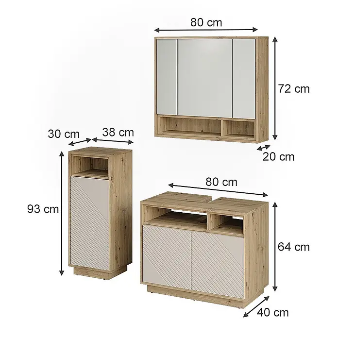 Vicco Badmöbel-Set - Cashmere - Drei hellbraune Holz- und beigefarbene Schranksysteme, darunter ein Hochschrank, ein Wandschrank mit Spiegeln und ein Sideboard.