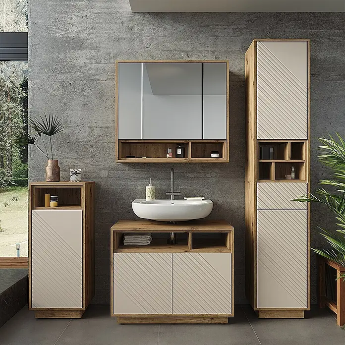 Vicco Badmöbel-Set - Cashmere, Matt - Modernes Badmöbelset aus Holz mit hellbeigen, diagonal geriffelten Paneelen.