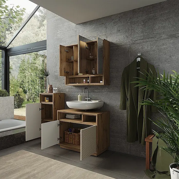 Vicco Badmöbel-Set - Cashmere - Badmöbel-Set aus hellem Holz mit weißem Waschbecken, offenen Fächern und Schränken in modernem Bad.
