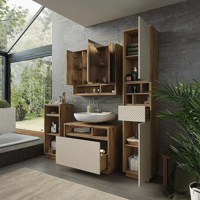 Vicco Badmöbel-Set - Cashmere, Matt - Moderne Badezimmermöbel aus Holz mit hellcremefarbenen, geriffelten Türen und Schubladen, mit weißem Waschbecken und viel Stauraum.