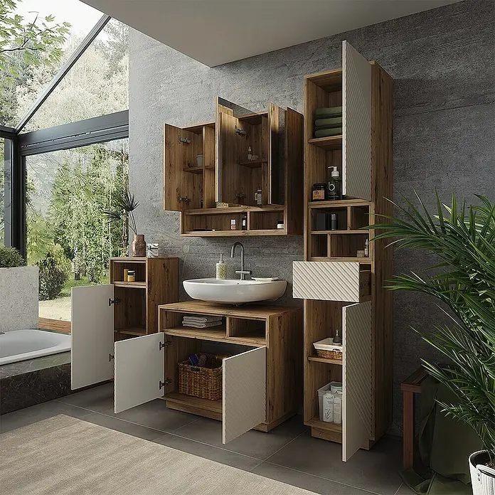 Vicco Badmöbel-Set - Cashmere, Matt - Moderne Badezimmermöbel im Holz-Look mit Waschbecken und Schränken, teilweise mit gerippten Türen, in einem Bad.