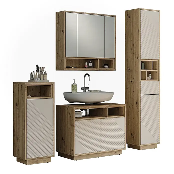 Vicco Badmöbel-Set - Cashmere, Matt - Modernes Badmöbelset aus heller Holzoptik mit beigen gemusterten Paneelen, bestehend aus Waschtisch, Hochschrank, Beistellschrank und Spiegelschrank.