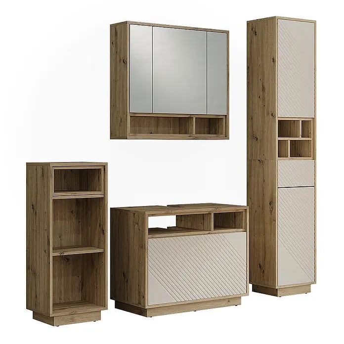 Vicco Badmöbel-Set - Cashmere, Matt - Badmöbelset in heller Holzoptik mit beigen Fronten. Bestehend aus Spiegelschrank, Hochschrank, Waschtischunterschrank und Regal.
