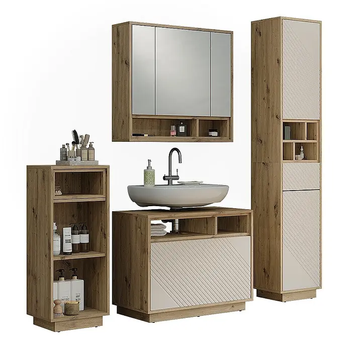 Vicco Badmöbel-Set - Cashmere, Matt - Komplettes Badezimmermöbelset in heller Holzoptik und Beige, bestehend aus Waschtisch mit Waschbecken, Spiegelschrank und hohen Aufbewahrungsschränken.