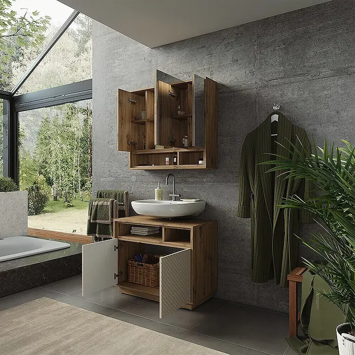 Vicco Badmöbel-Set - Cashmere - Hölzernes Badmöbelset mit weißem Aufsatzwaschbecken und passendem Spiegelschrank, bietet offene und geschlossene Ablageflächen.