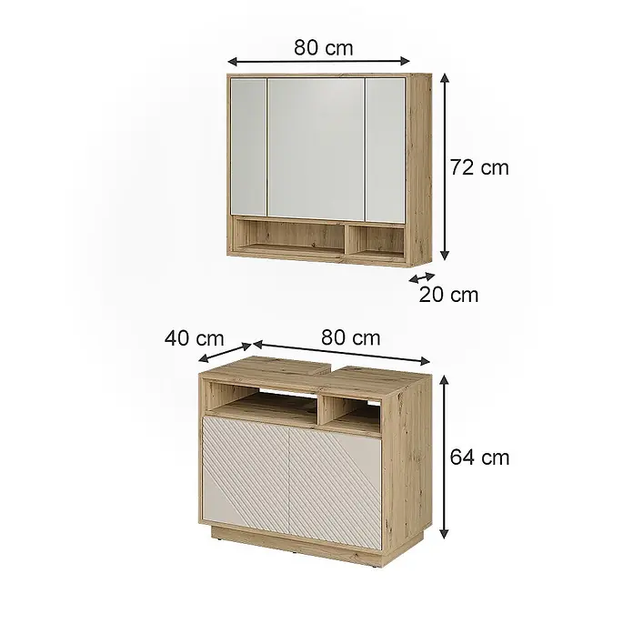 Vicco Badmöbel-Set - Cashmere - Zwei hellholzfarbene Schränke mit hellbeigen Paneelen. Der obere Schrank hat Spiegeltüren und offene Fächer, der untere hat strukturierte Türen und offene Fächer.