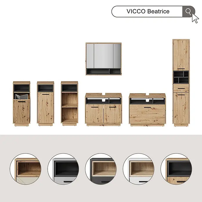 Vicco Badmöbel-Set - Cashmere - VICCO Beatrice Badmöbelset aus hellem Holzdekor mit dunkelgrauen Akzenten; modulare Schränke, Spiegel- und Waschtischunterschränke.
