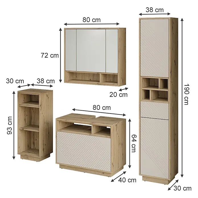 Vicco Badmöbel-Set - Cashmere, Matt - Badezimmermöbel-Set in hellem Holz und Beige mit verschiedenen Aufbewahrungseinheiten und Spiegel.
