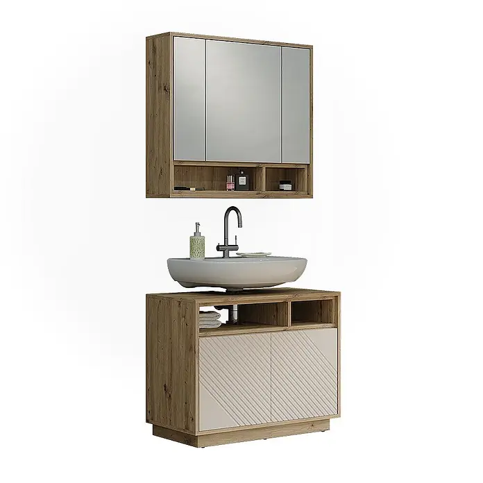 Vicco Badmöbel-Set - Cashmere - Badezimmermöbel-Set in Holzoptik mit weißem Waschbecken, schwarzem Wasserhahn und Spiegelschrank. Der Unterschrank hat beige gemusterte Türen.