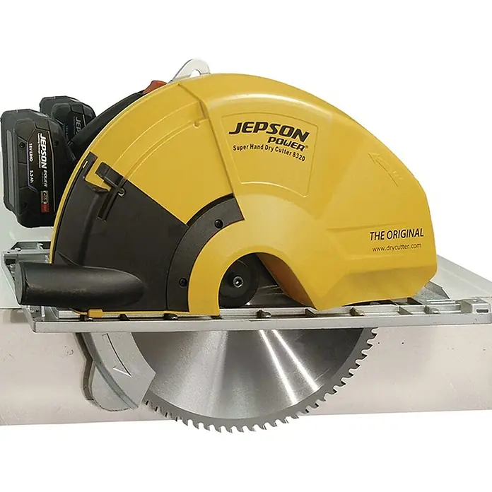 Jepson Power Akku-Handkreissäge Dry Cutter 8320E - 18 V, 2 Akkus, Durchmesser Sägeblatt: 320 mm, 1.700 U/min - Gelbe und schwarze Jepson Akku-Trockensäge mit großem Kreissägeblatt.