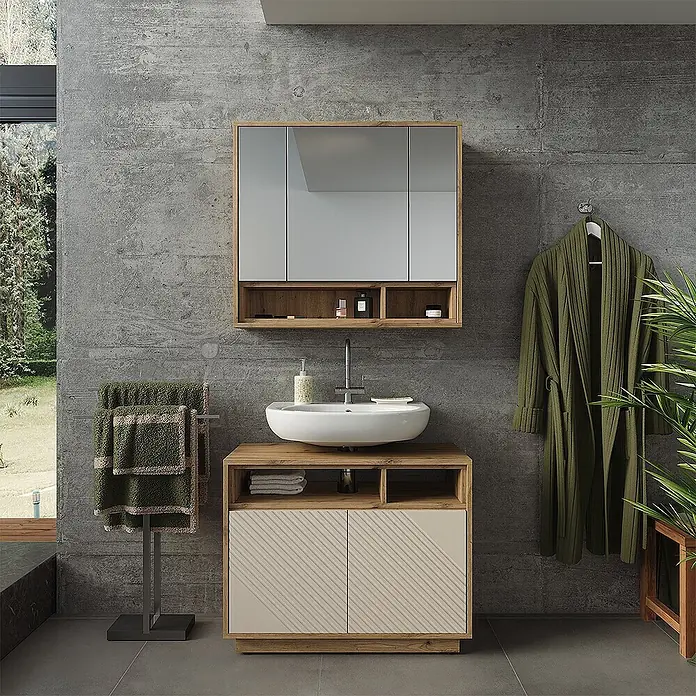 Vicco Badmöbel-Set - Cashmere - Moderner Eichenholz-Waschtisch mit weißem Waschbecken, gestreiften beigen Türen, passender Spiegelschrank.
