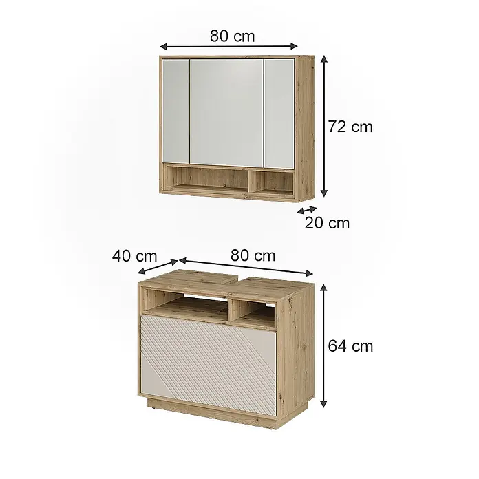 Vicco Badmöbel-Set - Cashmere, Matt - Zwei Badezimmerschränke aus hellem Holz mit cremefarbenen Akzenten. Der obere Schrank mit drei Spiegeltüren; der untere mit offenen Regalen und einer strukturierten Tür.
