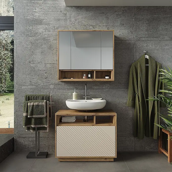 Vicco Badmöbel-Set - Cashmere, Matt - Heller Holzbadschrank mit weißem Aufsatzwaschbecken, Spiegelschrank und strukturierter beiger Platte.