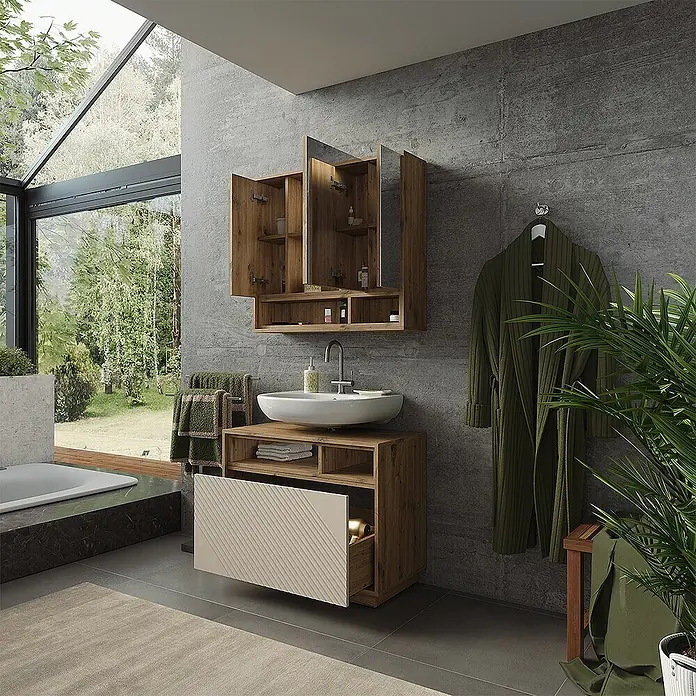 Vicco Badmöbel-Set - Cashmere, Matt - Moderner Badschrank aus Holz mit weißem Aufsatzwaschbecken und passendem Spiegelschrank.