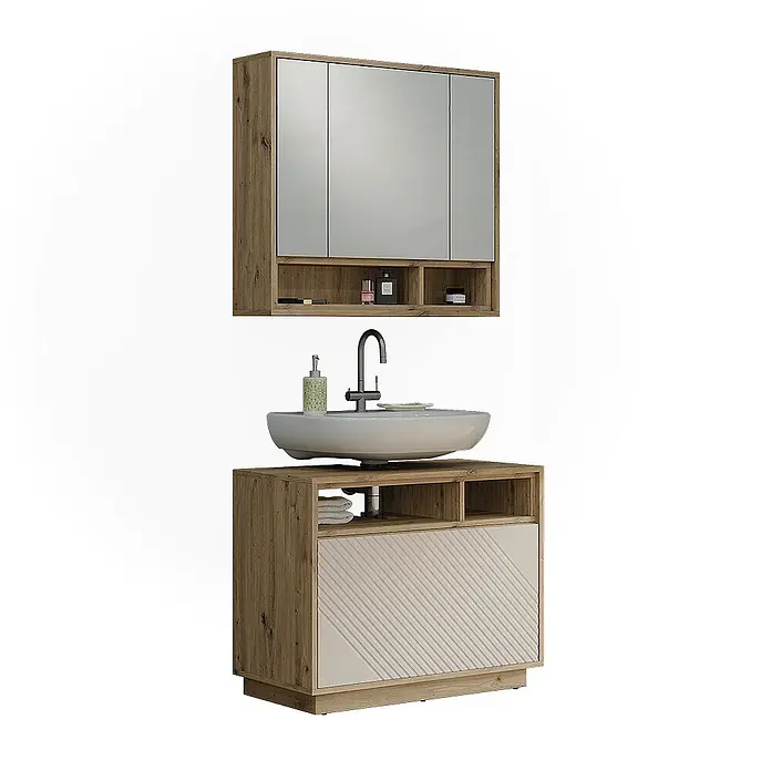Vicco Badmöbel-Set - Cashmere, Matt - Modernes Badmöbel-Set mit heller Holzoptik, weißem Aufsatzwaschbecken, Spiegelschrank und Unterschrank mit geriffelter Tür.