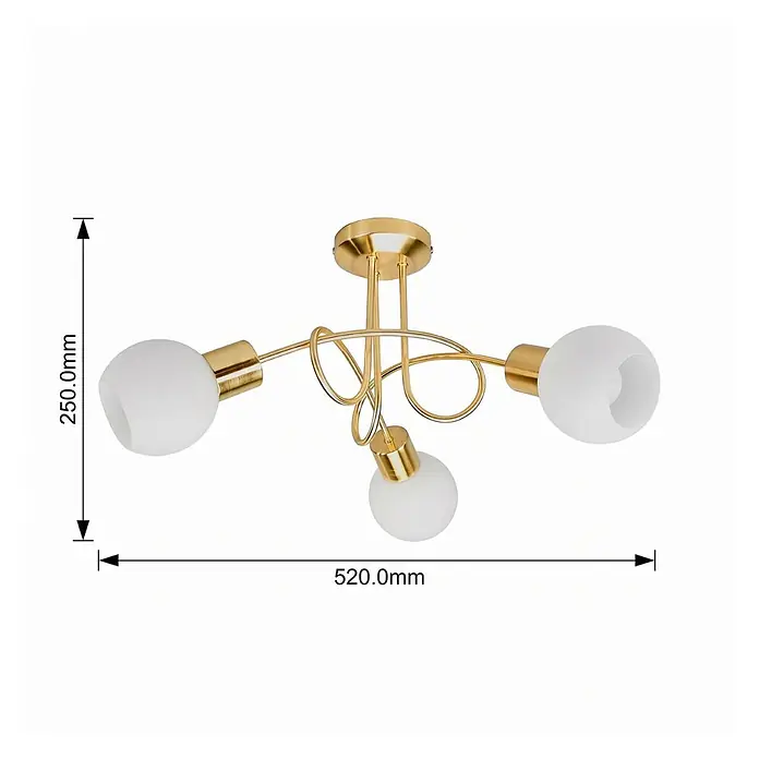 Lindby Deckenleuchte Elaina - messing / gold, E14 - Goldene 3-flammige Deckenleuchte mit geschwungenen Armen und weißen Kugelschirmen. Maße: H 250mm, B 520mm.