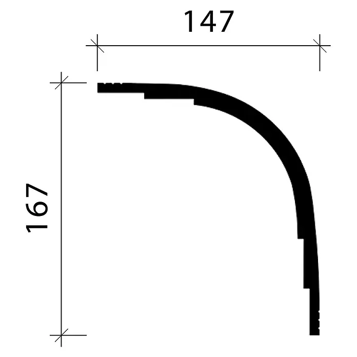 Profhome Zierleiste 651389-box Wandleisten 1 Karton SET mit 24 Friesleisten 48 m - leicht, extrem formstabil, stoßfest - Technische Zeichnung eines gekrümmten Eckprofils, Maße 147x167.