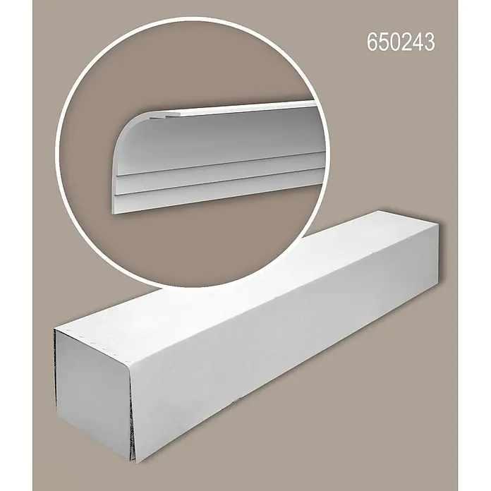 Profhome Zierleiste 651389-box Wandleisten 1 Karton SET mit 24 Friesleisten 48 m - leicht, extrem formstabil, stoßfest - Weißes Blendenprofil für Jalousien mit abgerundeter Vorderseite und Lamellendesign, verpackt in einem langen weißen Karton.