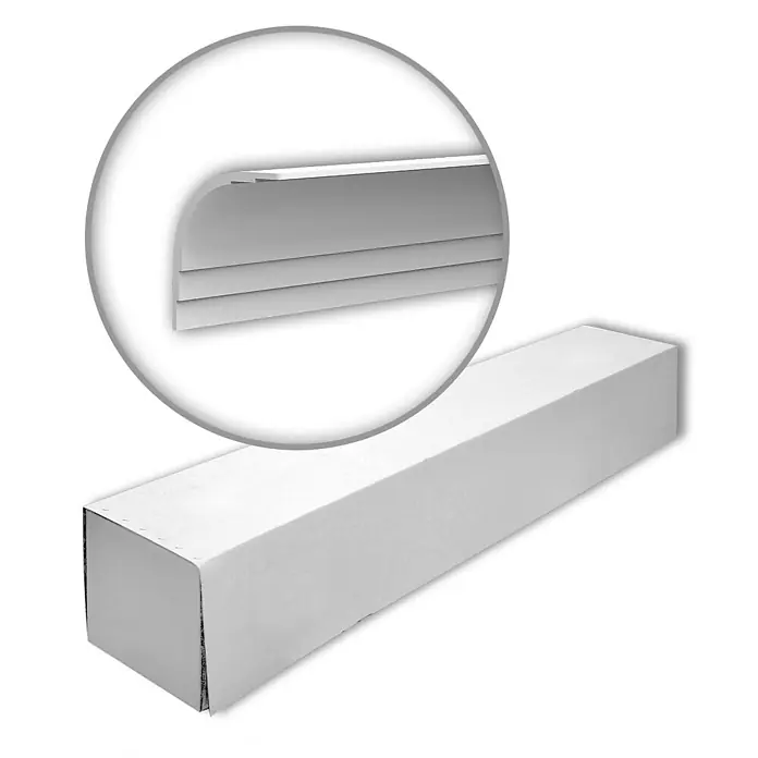 Profhome Zierleiste 651389-box Wandleisten 1 Karton SET mit 24 Friesleisten 48 m - leicht, extrem formstabil, stoßfest - Weißer Versandkarton und Nahaufnahme eines weißen, abgerundeten Profils mit Schichtdesign.