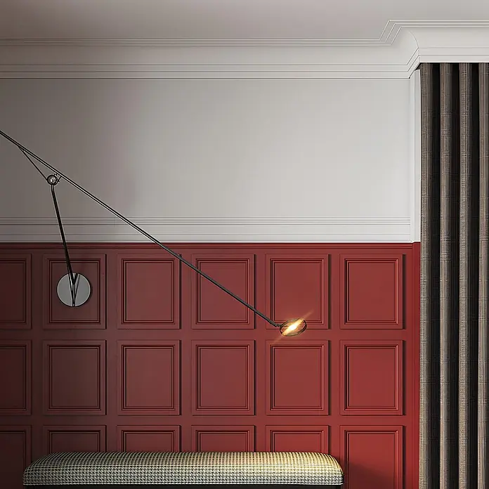 Profhome Zierleiste 651389-box Wandleisten 1 Karton SET mit 24 Friesleisten 48 m - leicht, extrem formstabil, stoßfest - Schwarze Gelenk-Wandleuchte mit Metallsockel, montiert an roter vertäfelter Wand.