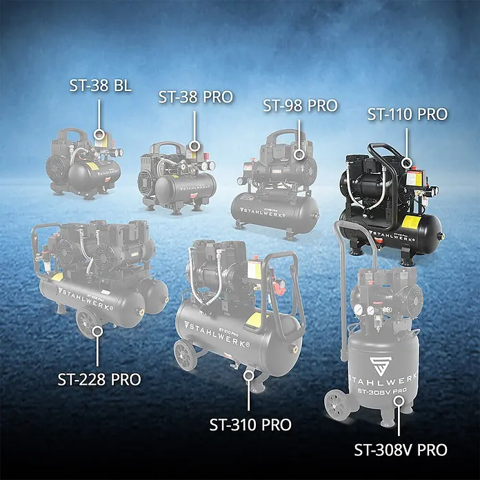 STAHLWERK Kompressor ST-110 Pro - Max. Druck: 8 bar, 30 l, Schmierung: Ohne - Eine Auswahl schwarzer und gelber STAHLWERK Kompressoren in verschiedenen Größen und Konfigurationen, teils mit Rollen.
