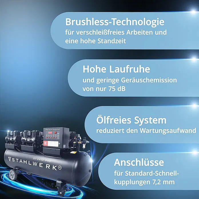 STAHLWERK Kompressor T-2410 Pro - Max. Druck: 10 bar, 240 l, Schmierung: Ohne - Schwarzer STAHLWERK ST-2410 PRO Kompressor mit Rollen, mehreren Kompressoreinheiten, Bedienfeld und Anschlüssen.