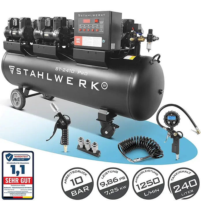 STAHLWERK Kompressor ST-2410 Pro - Max. Druck: 10 bar, 240 l, Schmierung: Ohne - Ein großer schwarzer Stahlwerk ST-2410 Pro Luftkompressor mit mehreren Motoren, Rädern und verschiedenen Druckluftwerkzeugen.