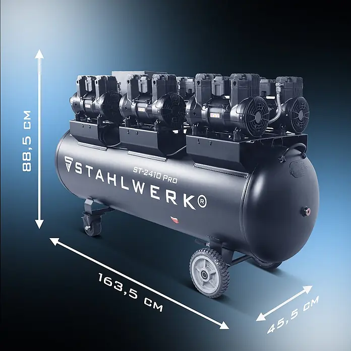 STAHLWERK Kompressor T-2410 Pro - Max. Druck: 10 bar, 240 l, Schmierung: Ohne - Schwarzer, fahrbarer Luftkompressor STAHLWERK ST-2410 PRO mit mehreren Kompressorköpfen und Maßen 88,5x163,5x45,5 cm.