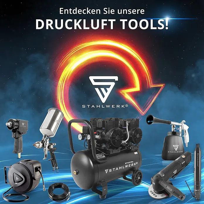STAHLWERK Kompressor ST-38 Pro - Max. Druck: 8 bar, 3 l, Schmierung: Ohne - STAHLWERK Druckluftwerkzeuge: Kompressor, Schlagschrauber, Lackierpistole, Schlauchtrommel, Reinigungspistole und Schleifgeräte auf dunklem Hintergrund.