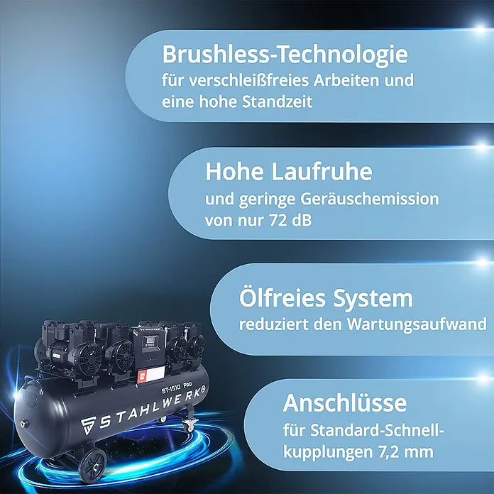 STAHLWERK Kompressor ST-1510 Pro - Max. Druck: 10 bar, 150 l - Schwarzer STAHLWERK ST-1510 PRO Kompressor mit Rollen.