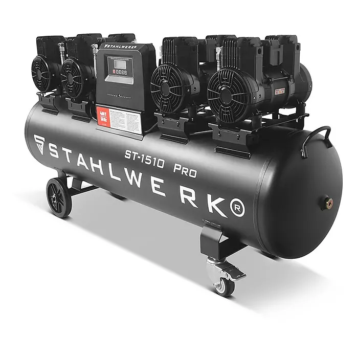 STAHLWERK Kompressor ST-1510 Pro - Max. Druck: 10 bar, 150 l - Schwarzer horizontaler Kompressor mit vier Motorköpfen, Bedienfeld und Rollen für Mobilität.